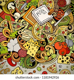 Cartoon vector doodles Pizza frame. Colorful, detailed, with lots of objects background. All objects separate. Bright colors pizzeria funny border