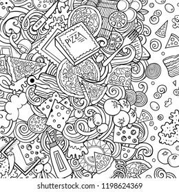 Cartoon vector doodles Pizza frame. Contour drawing, detailed, with lots of objects background. All objects separate. Sketchy pizzeria funny border