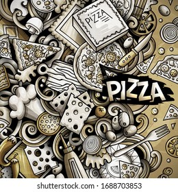 Cartoon Vektorillustration doodles Pizza Rahmen. Monochrom, detailliert, mit vielen Objekten Hintergrund. Alle Objekte sind getrennt. Grafische Pizzeria lustige Grenze
