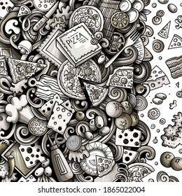 Dibujo vectorial de dibujos animados cuadro Pizza. Monocromo, detallado, con muchos objetos de fondo. Todos los objetos se separan. La pizzería gráfica y la frontera divertida