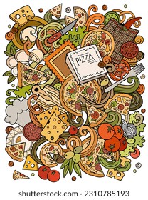 Cartoon vector doodles Pizza illustration. Colorful, detailed, with lots of objects background. All objects separate. Bright colors pizzeria funny picture