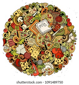 Cartoon vector doodles Pizza round illustration. Colorful, detailed, with lots of objects background. All objects separate. Bright colors pizzeria funny picture