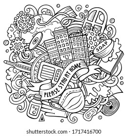 Cartoon vector doodles Please, Stay at Home illustration. Line art, detailed, with lots of objects background. All objects separate. Sketchy epidemic picture