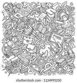 Cartoon vector doodles School illustration. Colorful, detailed, with lots of objects background. All objects separate. Bright colors education funny picture