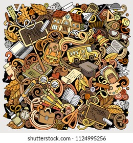 Cartoon vector doodles School illustration. Colorful, detailed, with lots of objects background. All objects separate. Bright colors education funny picture