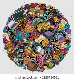 Cartoon vector doodles School illustration. Colorful, detailed, with lots of objects background. All objects separate. Bright colors education funny picture