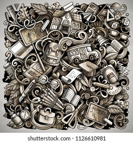 Cartoon vector doodles School illustration. Toned, detailed, with lots of objects background. All objects separate. Monochrome education funny picture