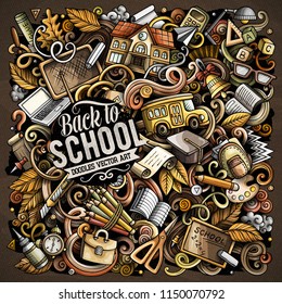 Cartoon vector doodles School illustration. Colorful, detailed, with lots of objects background. All objects separate. Bright colors education funny picture