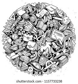 Cartoon vector doodles School illustration. CLine art, detailed, with lots of objects background. All objects separate. Sketchy education funny picture