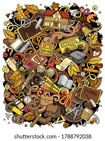Cartoon vector doodles School illustration. Colorful, detailed, with lots of objects background. All objects separate. Bright colors education funny picture