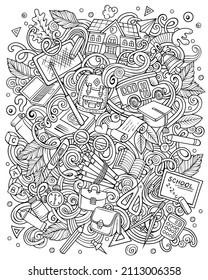 Cartoon vector doodles School illustration. Colorful, detailed, with lots of objects background. All objects separate. Bright colors education funny picture