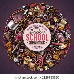 Cartoon vector doodles School round illustration. Colorful, detailed, with lots of objects background. All objects separate. Bright colors education funny picture