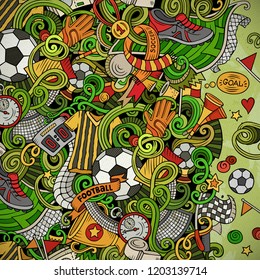 Cartoon vector doodles Soccer frame. Colorful, detailed, with lots of objects background. All objects separate. Bright colors football funny border