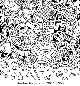 Cartoon vector doodles Soccer frame. Line art, detailed, with lots of objects background. All objects separate. Sketchy football funny border