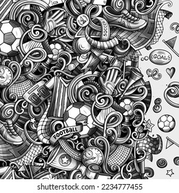 Cartoon vector doodles Soccer frame. Monochrome, detailed, with lots of objects background. All objects separate. Graphics football funny border