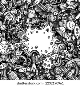 Cartoon vector doodles Space frame. Monochrome, detailed, with lots of objects background. Toned cosmic funny border