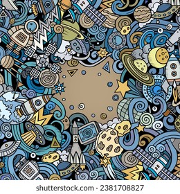 Cartoon vector doodles Space frame. Colorful, detailed, with lots of objects background. Bright colors cosmic funny border. NOT AI