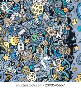 Cartoon vector doodles Space frame. Colorful, detailed, with lots of objects background. Bright colors cosmic funny border