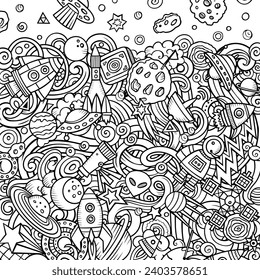 Cartoon vector doodles Space frame. Sketchy, detailed, with lots of objects background. Line art cosmic funny border