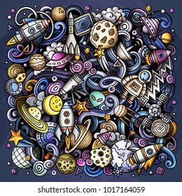 Cartoon vector doodles Space illustration. Colorful, detailed, with lots of objects background. All objects separate. Bright colors cosmic funny picture