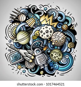Cartoon vector doodles Space illustration. Colorful, detailed, with lots of objects background. All objects separate. Bright colors cosmic funny picture