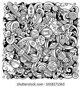 Cartoon vector doodles Space illustration. Line art, detailed, with lots of objects background. All objects separate. Contour drawing cosmic funny picture