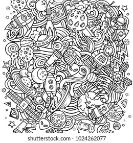 Cartoon vector doodles Space illustration. Line art, detailed, with lots of objects background. All objects separate. Sketchy cosmic funny picture