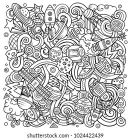 Cartoon vector doodles Space illustration. Line art, detailed, with lots of objects background. All objects separate. Sketchy cosmic funny picture