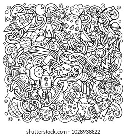 Cartoon vector doodles Space illustration. Line art, detailed, with lots of objects background. All objects separate. Sketchy cosmic funny picture
