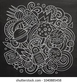 Cartoon vector doodles Space illustration. Line art, detailed, with lots of objects background. All objects separate. Chalkboard cosmic funny picture
