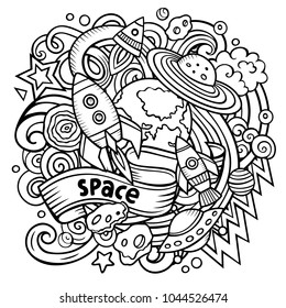 Cartoon vector doodles Space illustration. Line art, detailed, with lots of objects background. All objects separate. Sketchy cosmic funny picture