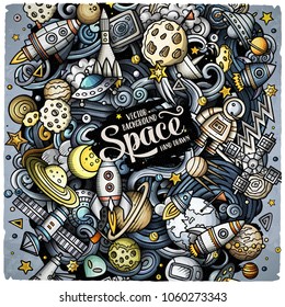 Cartoon vector doodles Space illustration. Colorful, detailed, with lots of objects background. All objects separate. Bright colors cosmic funny picture