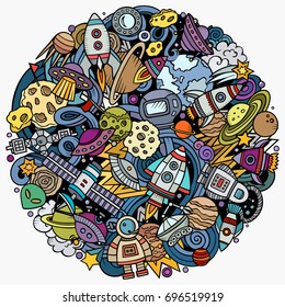 Cartoon vector doodles Space illustration. Colorful, detailed, with lots of objects background. All objects separate. Bright colors cosmic funny round picture