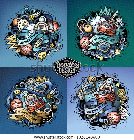 Cartoon vector doodles Space illustrations set. Red car in outer space. Colorful, detailed, with lots of objects funny composition. All objects separate.