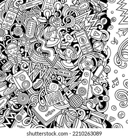 Cartoon vector doodles Storytelling frame. Audio Content funny border. Line art detailed, with lots of objects illustration.
