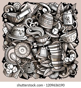 Cartoon vector doodles Tea illustration. Monochrome, detailed, with lots of objects background. All objects separate. Toned Cafe funny picture