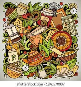 Cartoon vector doodles Tea illustration. Colorful, detailed, with lots of objects background. All objects separate. Bright colors Cafe funny picture
