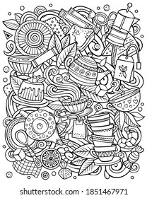 Cartoon vector doodles Tea illustration. Sketchy, detailed, with lots of objects background. All objects separate. Line art Cafe funny picture