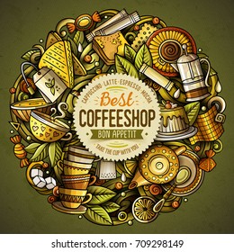 Cartoon vector doodles Tea illustration. Colorful, detailed, with lots of objects background. All objects separate. Bright colors Cafe funny round picture