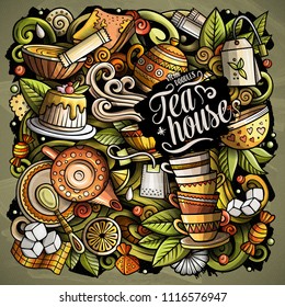 Cartoon vector doodles Tea time illustration. Colorful, detailed, with lots of objects background. All objects separate. Bright colors Cafe funny picture