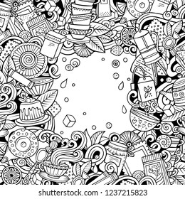 Cartoon vector doodles Tea time frame. Line art, detailed, with lots of objects background. All objects separate. Sketchy cafe funny border