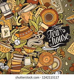 Cartoon vector doodles Tea time frame. Colorful, detailed, with lots of objects background. All objects separate. Bright colors cafe funny border