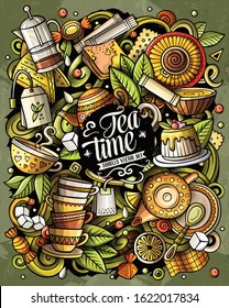 Cartoon vector doodles Tea time illustration. Colorful, detailed, with lots of objects background. All objects separate. Bright colors Cafe funny picture