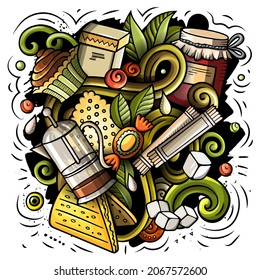 Cartoon vector doodles Tea time illustration. Colorful, detailed, with lots of objects background. All objects separate. Bright colors Cafe funny picture