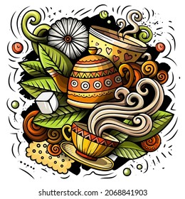 Cartoon vector doodles Tea time illustration. Colorful, detailed, with lots of objects background. All objects separate. Bright colors Cafe funny picture