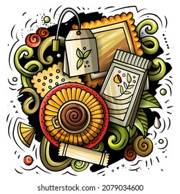 Dibujos vectoriales de dibujos animados Ilustración del tiempo del té. Colorido, detallado, con muchos objetos de fondo. Todos los objetos se separan. Colores brillantes Café imagen divertida