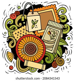 Cartoon vector doodles Tea time illustration. Colorful, detailed, with lots of objects background. All objects separate. Bright colors Cafe funny picture