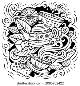 Cartoon vector doodles Tea time illustration. Sketchy, detailed, with lots of objects background. All objects separate. Cafe funny picture