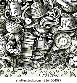 Cartoon vector doodles Tea time frame. Monochrome, detailed, with lots of objects background. All objects separate. Graphic cafe funny border