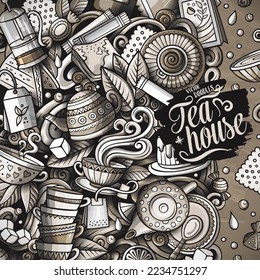 Cartoon vector doodles Tea time frame. Monochrome, detailed, with lots of objects background. All objects separate. Graphic cafe funny border